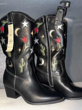 Womens Western Boots Size 8 Black Cowboy Cactus Star Moon Memory Foam New
